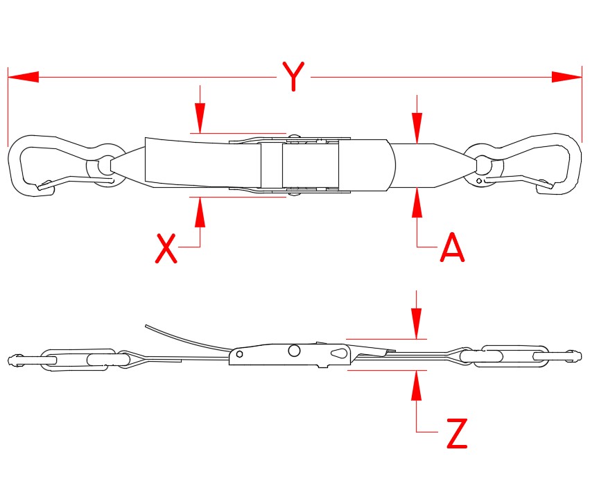 Over-Center Assembly with Clips, stainless steel harness clips, stainless steel ratchet buckle, nylon webbing, S0207-0325, S0207-0325-B, S0207-0325-B, S0207-0350-B, Specifications